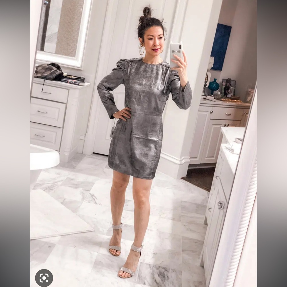 Something Navy Metallic Puff Sleeve Dress